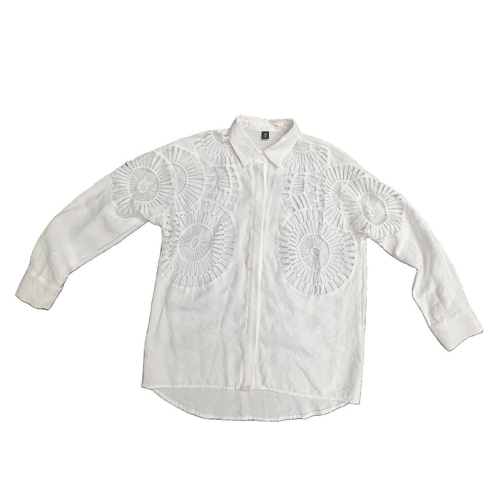 White Long Sleeve Blouse Coverup Cutout Lace Sz Med Summer Elevated Basic